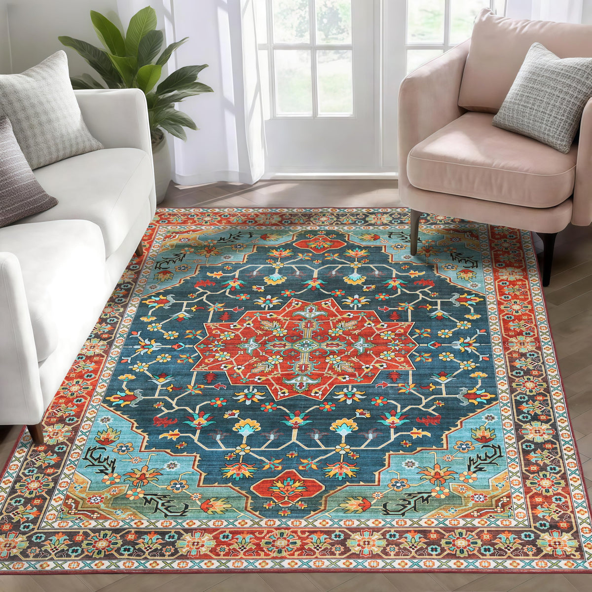 WILLSUN Washable Area Rugs, 5x7 Non-Slip Boho Large Area Rugs for Living Room, Bedroom, Machine Washable Vintage Rug, Indoor Floral Print Carpet for Home Decor, Kid & Pet Friendly Mat
