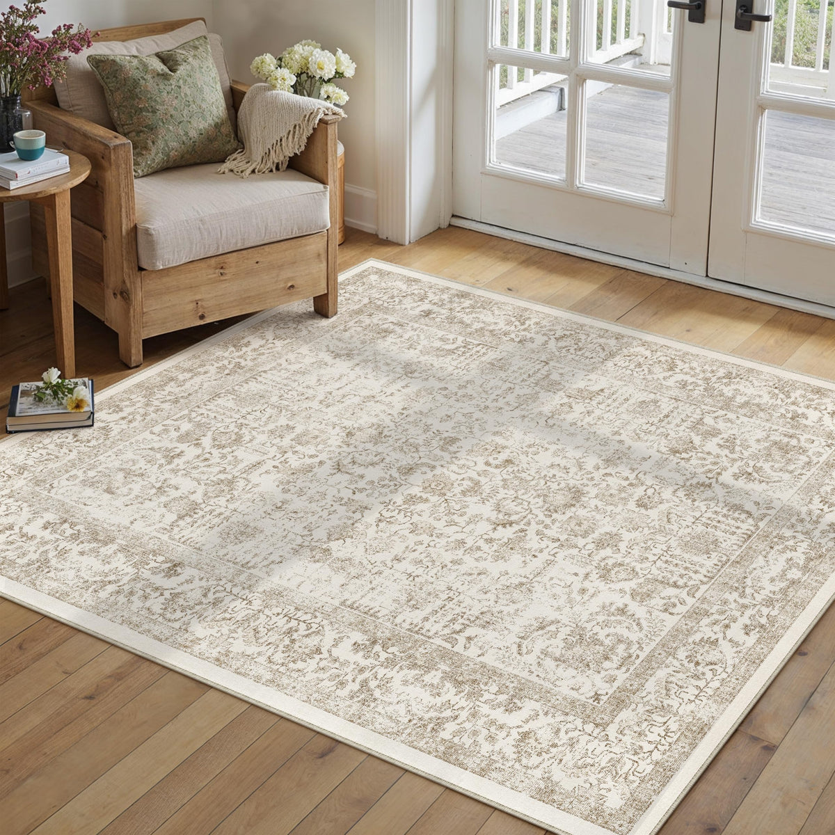 PureCozy Beige Area Rug 5x7 Vintage Farmhouse Floral