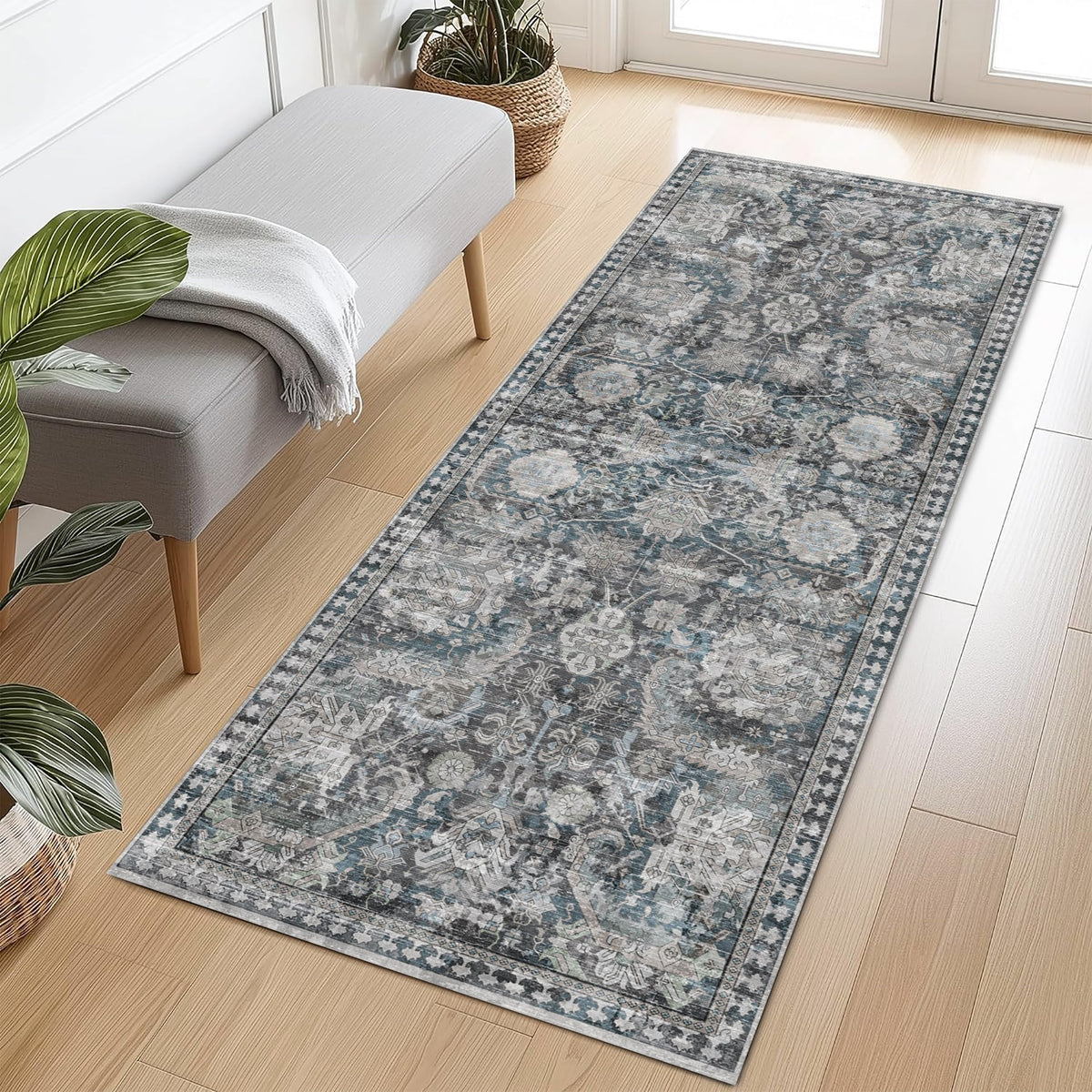 RUGSURE Washable Area Rug - 1/6 Thick - Stain & Water Resistant Non-Slip - Resistant Rug for Living Room, Bedroom, Nursery, Pet & Child Friendly, Vintage Charm Area Rugs (Grey+LightTeal, 3' x 5 ')