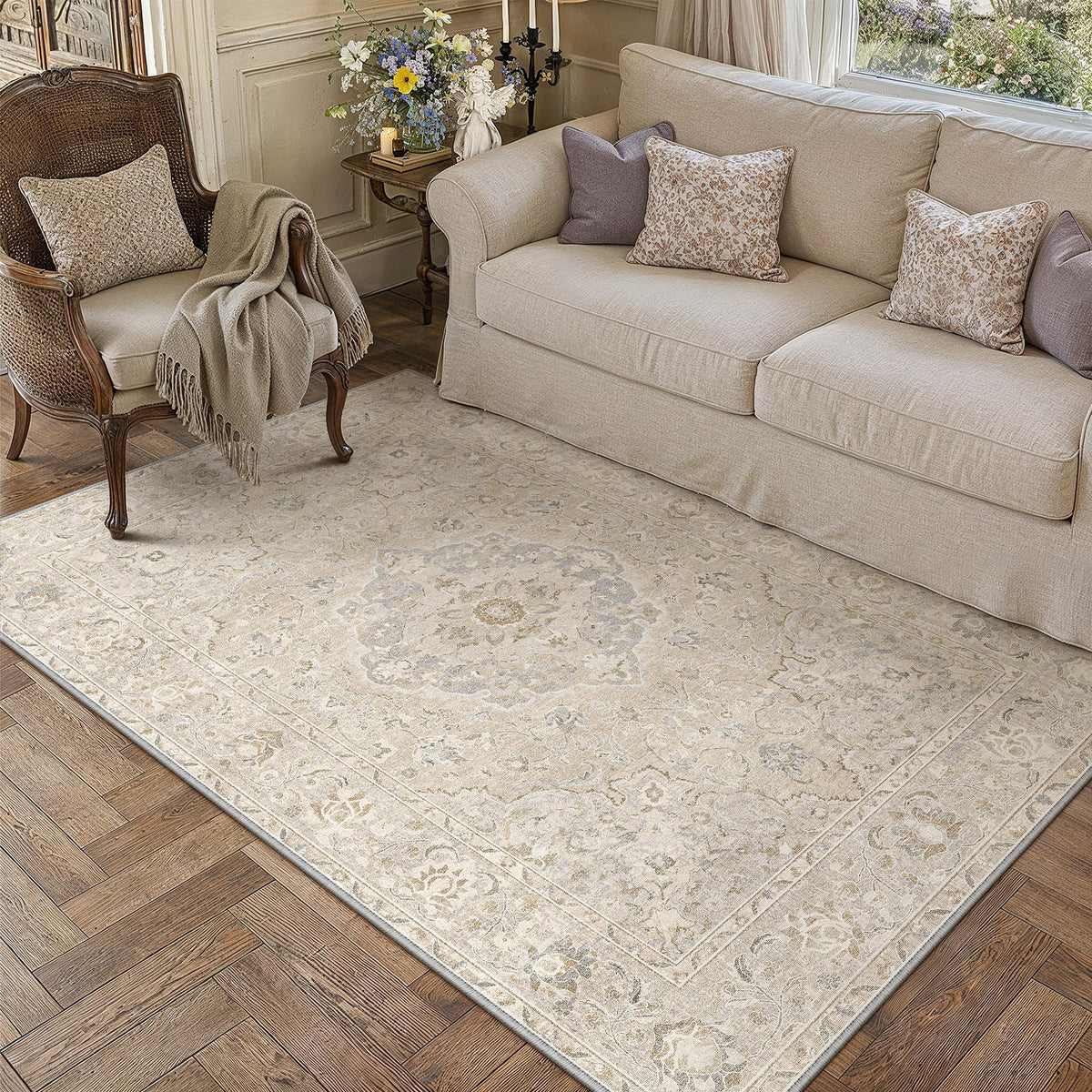 8x10 Beige Area Rug Vintage Carpet