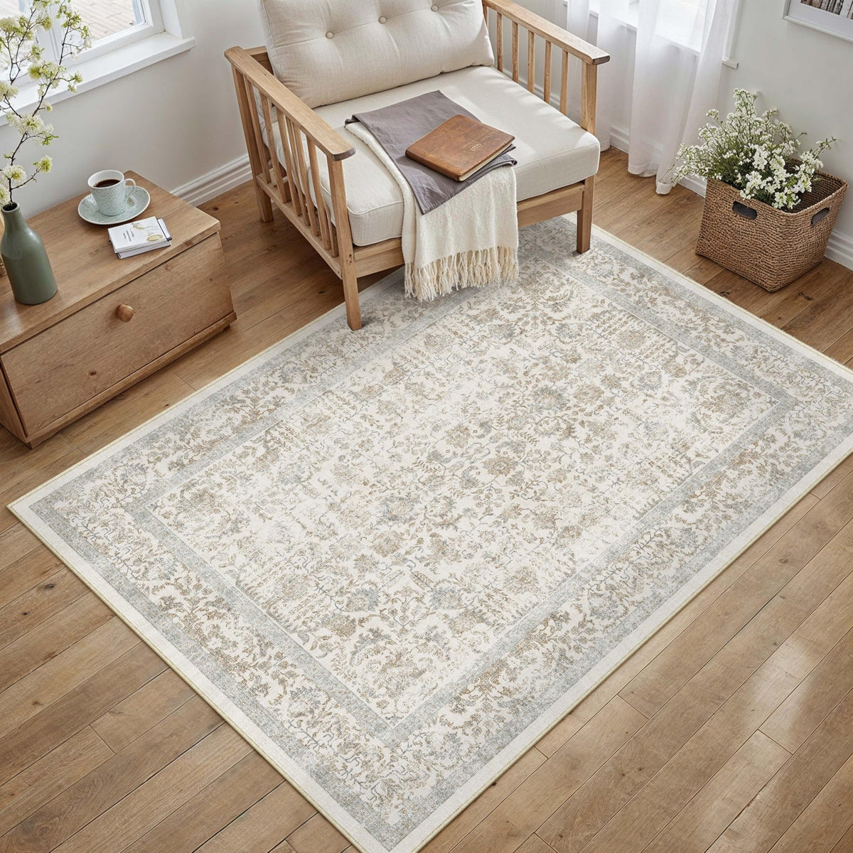 PureCozy Beige Area Rug 5x7 Vintage Farmhouse Floral