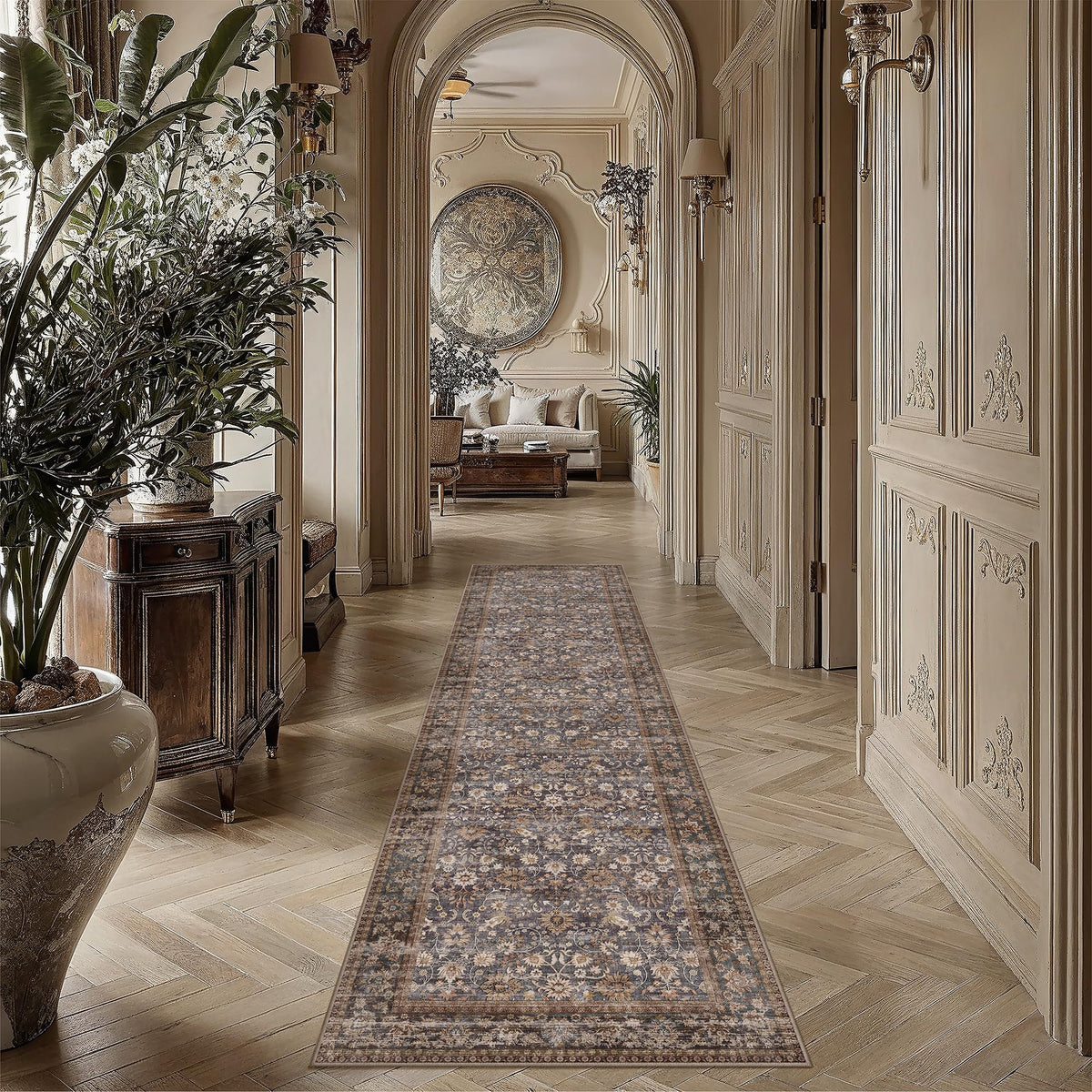 HUGEAR 2x6 Brown Vintage Floral Washable Runner Rug for Hallway