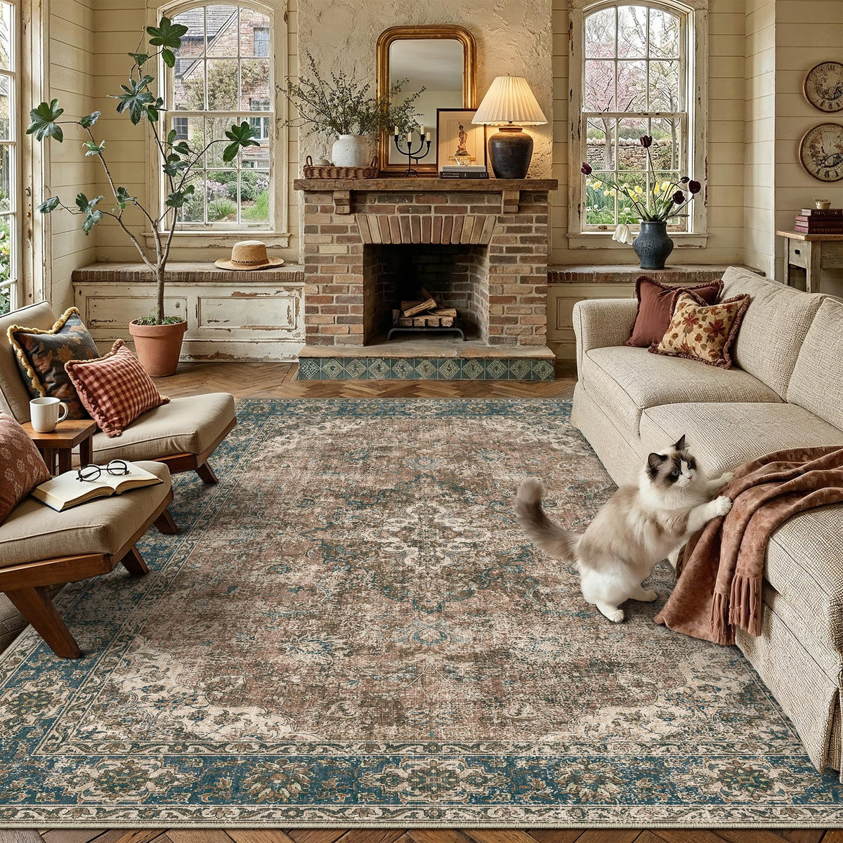 HUGEAR 2x6 Brown Vintage Floral Washable Runner Rug for Hallway