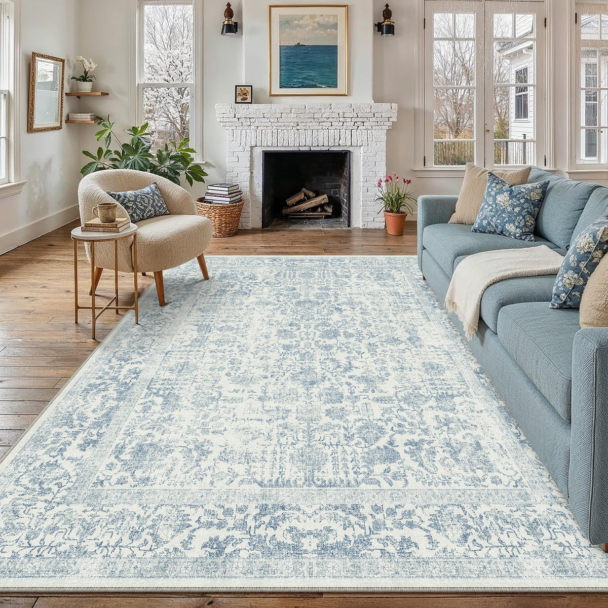 PureCozy Beige Area Rug 5x7 Vintage Farmhouse Floral