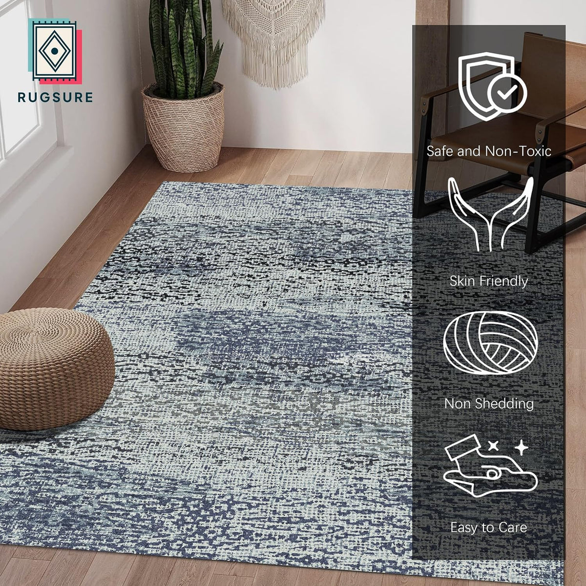 RUGSURE Washable Area Rug - 1/6 Thick - Stain & Water Resistant Non-Slip - Resistant Rug for Living Room, Bedroom, Nursery, Pet & Child Friendly, Vintage Charm Area Rugs (Grey+LightTeal, 3' x 5 ')