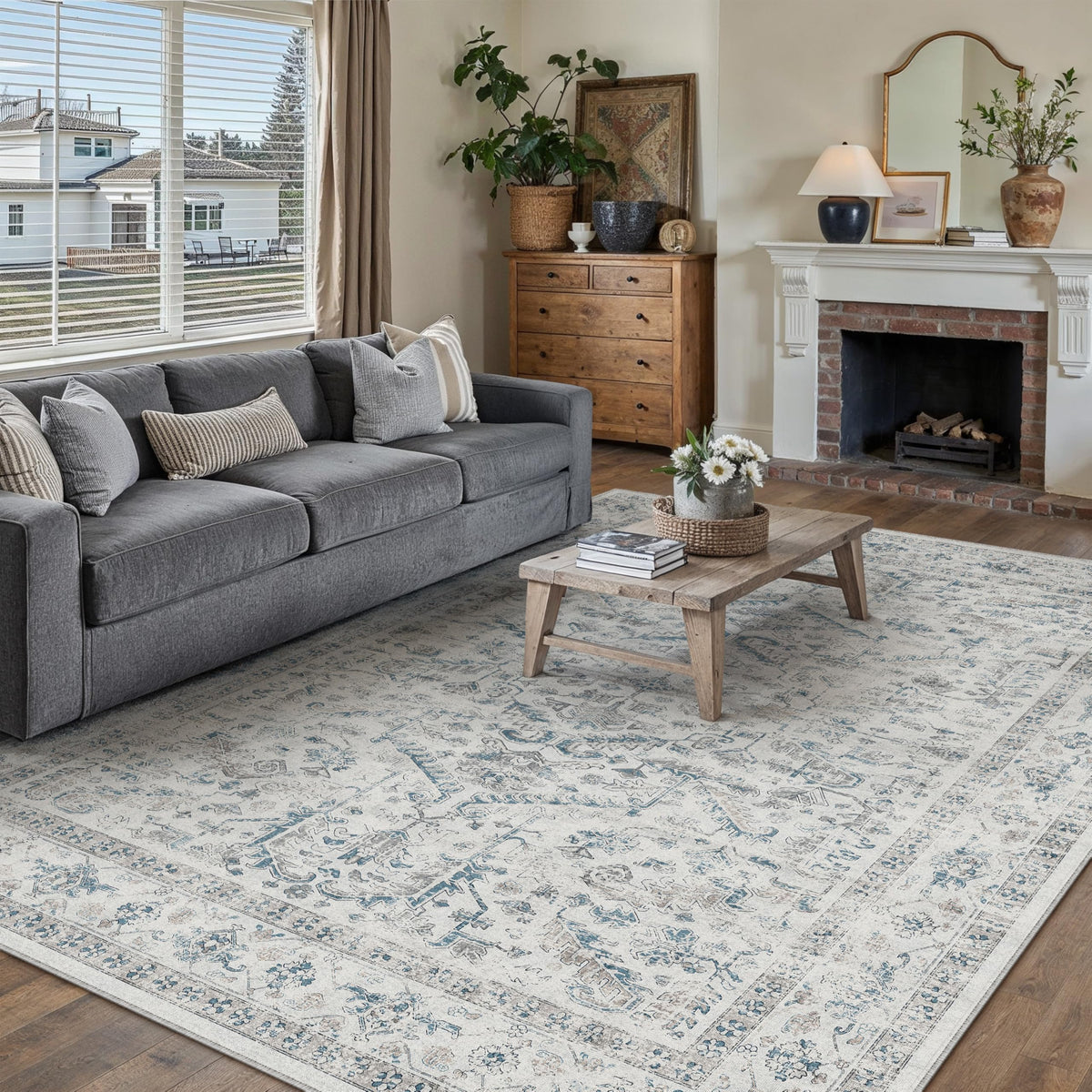 PureCozy Beige Area Rug 5x7 Vintage Farmhouse Floral