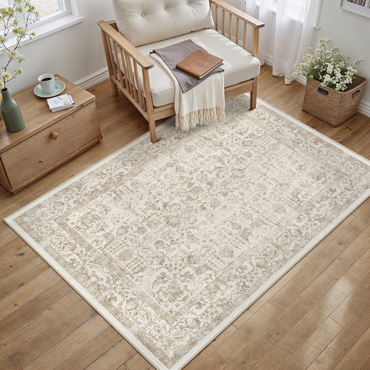 PureCozy Beige Area Rug 5x7 Vintage Farmhouse Floral