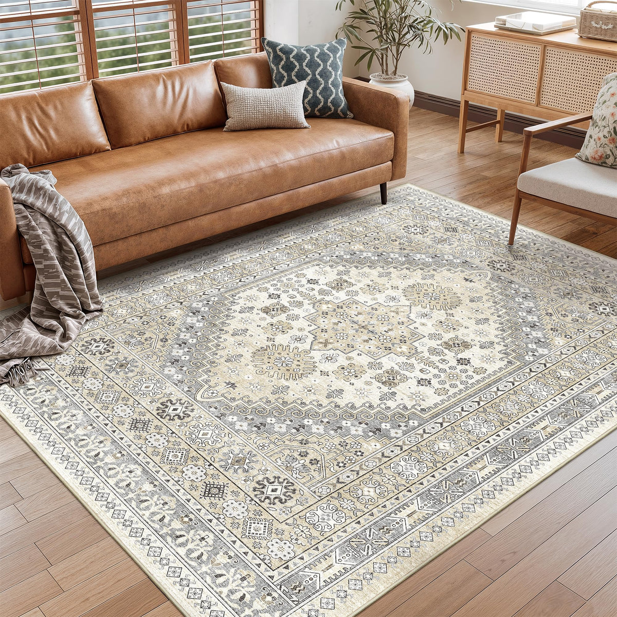 4x6 Area Rugs for Living Room, Non Slip Rugs for Bedroom, Beige
