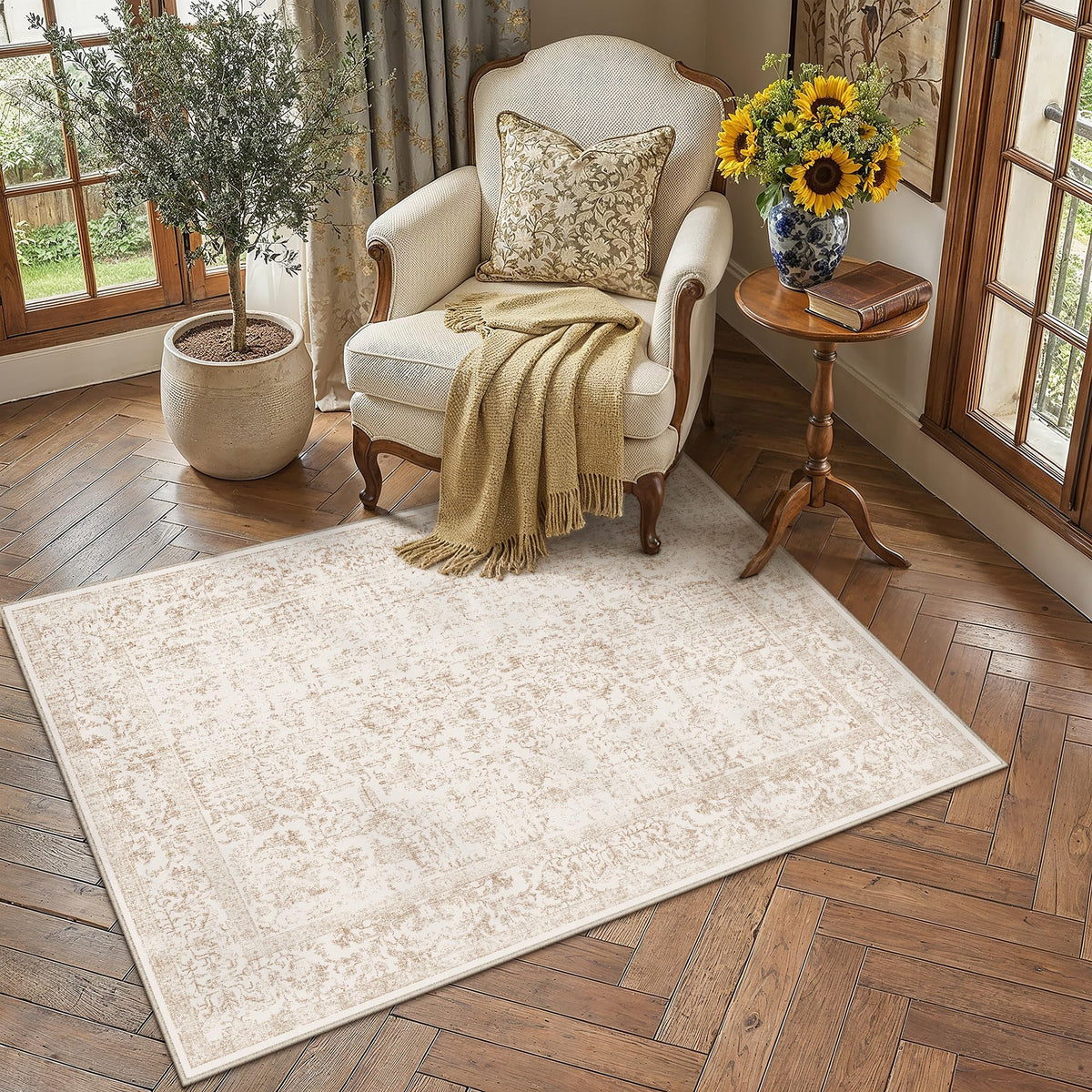 PureCozy Beige Area Rug 5x7 Vintage Farmhouse Floral