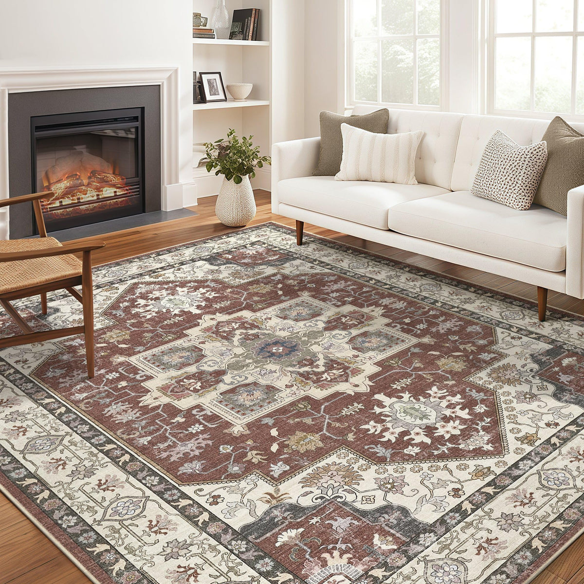 Vintage 9x12 Washable Area Rugs for Living Room, Non Slip, Brown