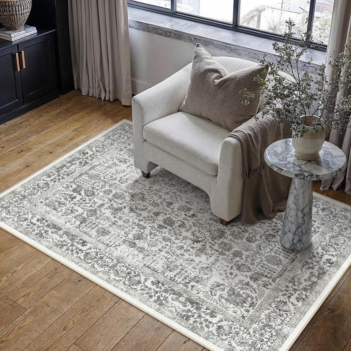 PureCozy Beige Area Rug 5x7 Vintage Farmhouse Floral