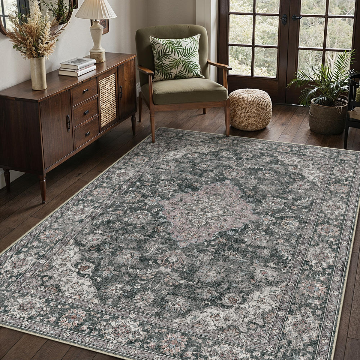 HUGEAR 2x6 Brown Vintage Floral Washable Runner Rug for Hallway