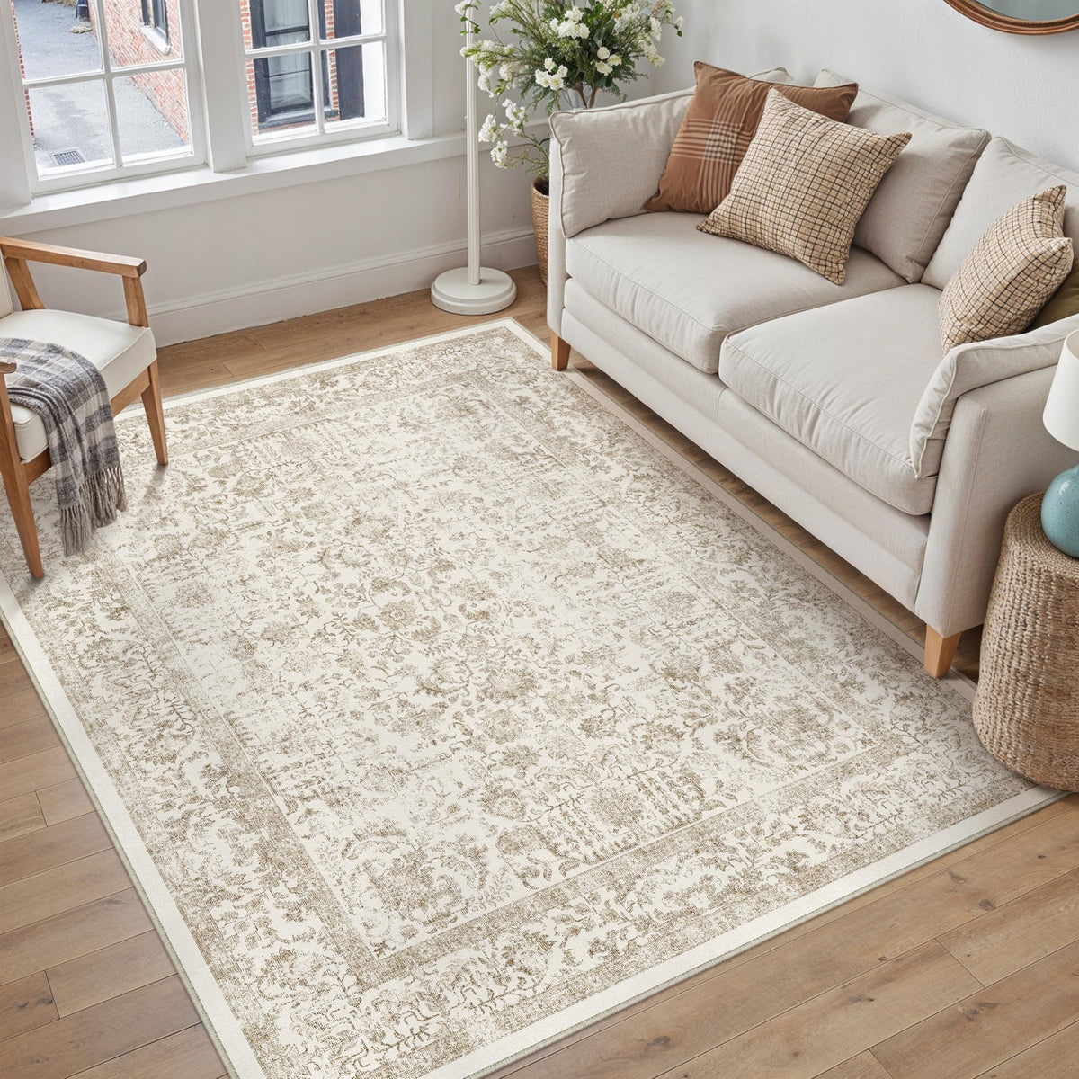 PureCozy Beige Area Rug 5x7 Vintage Farmhouse Floral