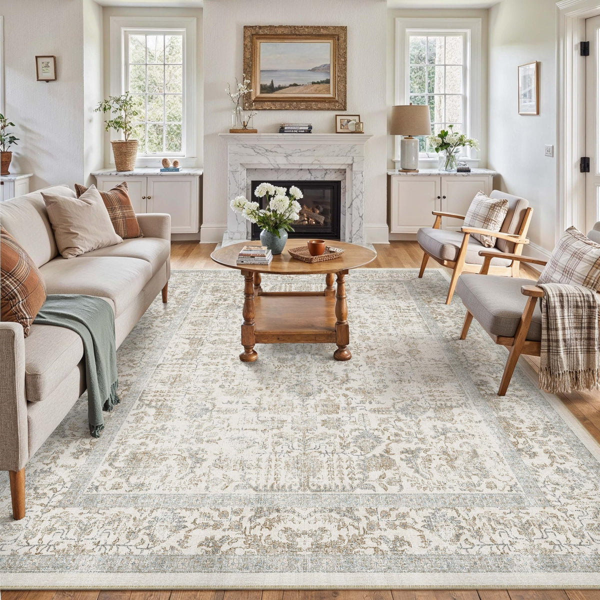 PureCozy Beige Area Rug 5x7 Vintage Farmhouse Floral