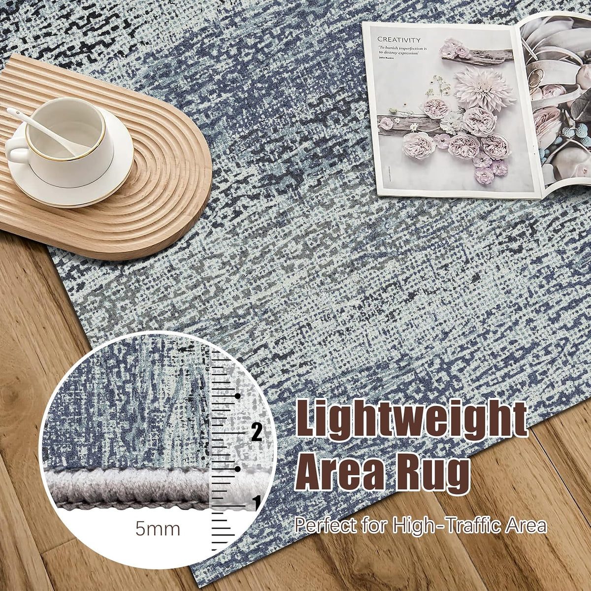 RUGSURE Washable Area Rug - 1/6 Thick - Stain & Water Resistant Non-Slip - Resistant Rug for Living Room, Bedroom, Nursery, Pet & Child Friendly, Vintage Charm Area Rugs (Grey+LightTeal, 3' x 5 ')