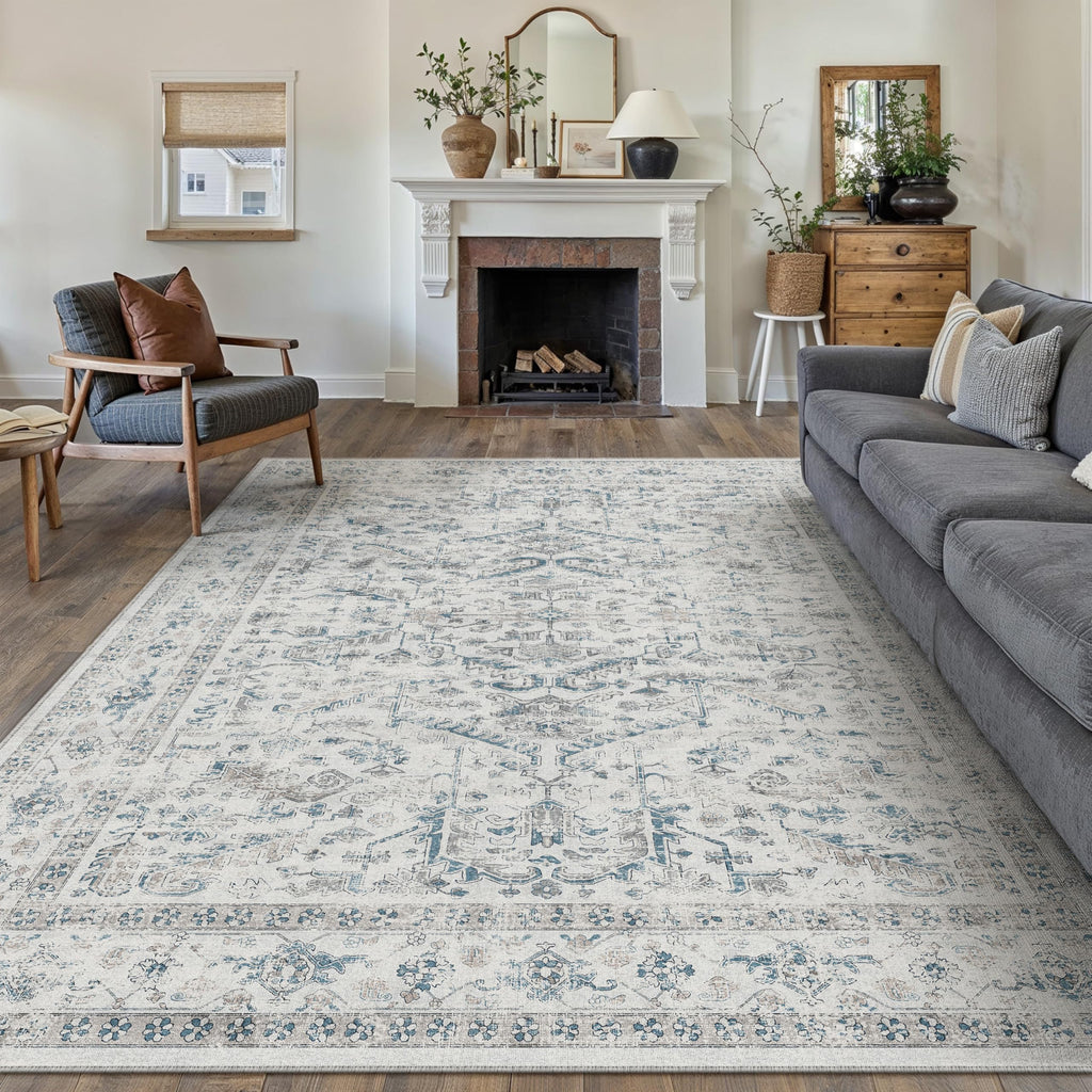 PureCozy Beige Area Rug 5x7 Vintage Farmhouse Floral