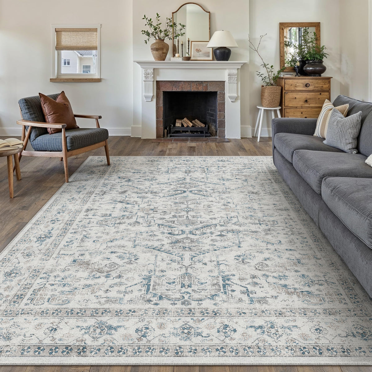 PureCozy Beige Area Rug 5x7 Vintage Farmhouse Floral