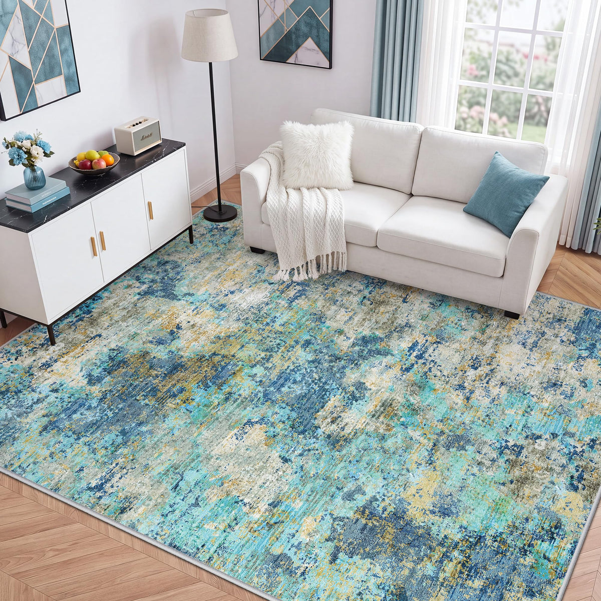 LIVELYGLOW 5x7 Washable Abstract Area Rug, Small Indoor Bedroom Dorm Rug
