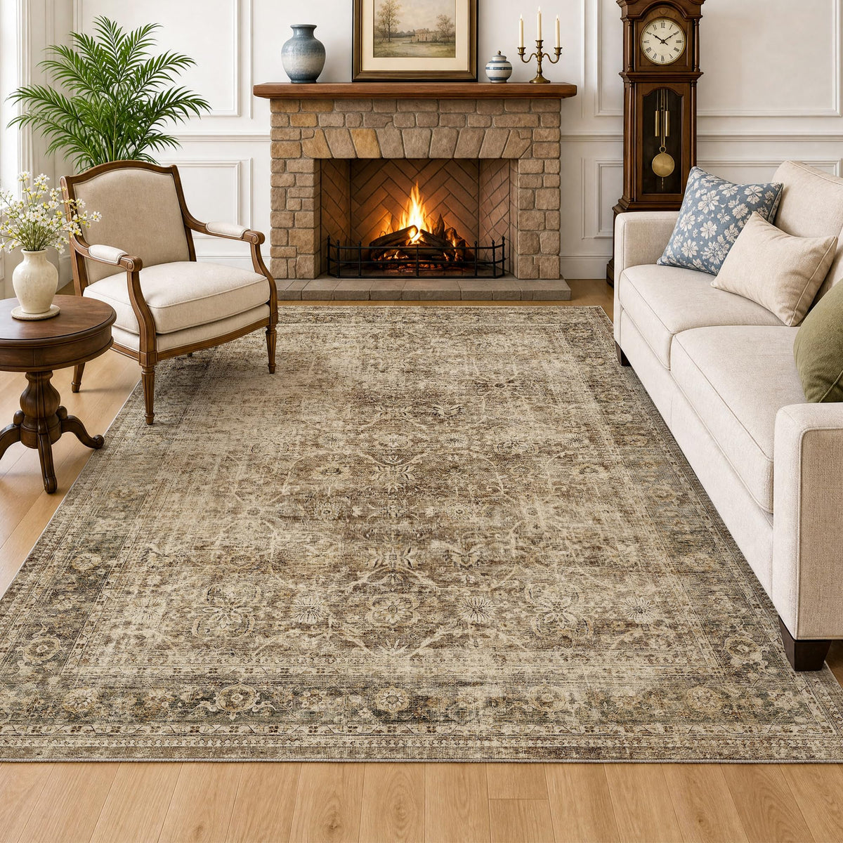 FMFUNCTEX 5x7 Washable Beige Neutral Vintage Retro Area Rug for Living Room