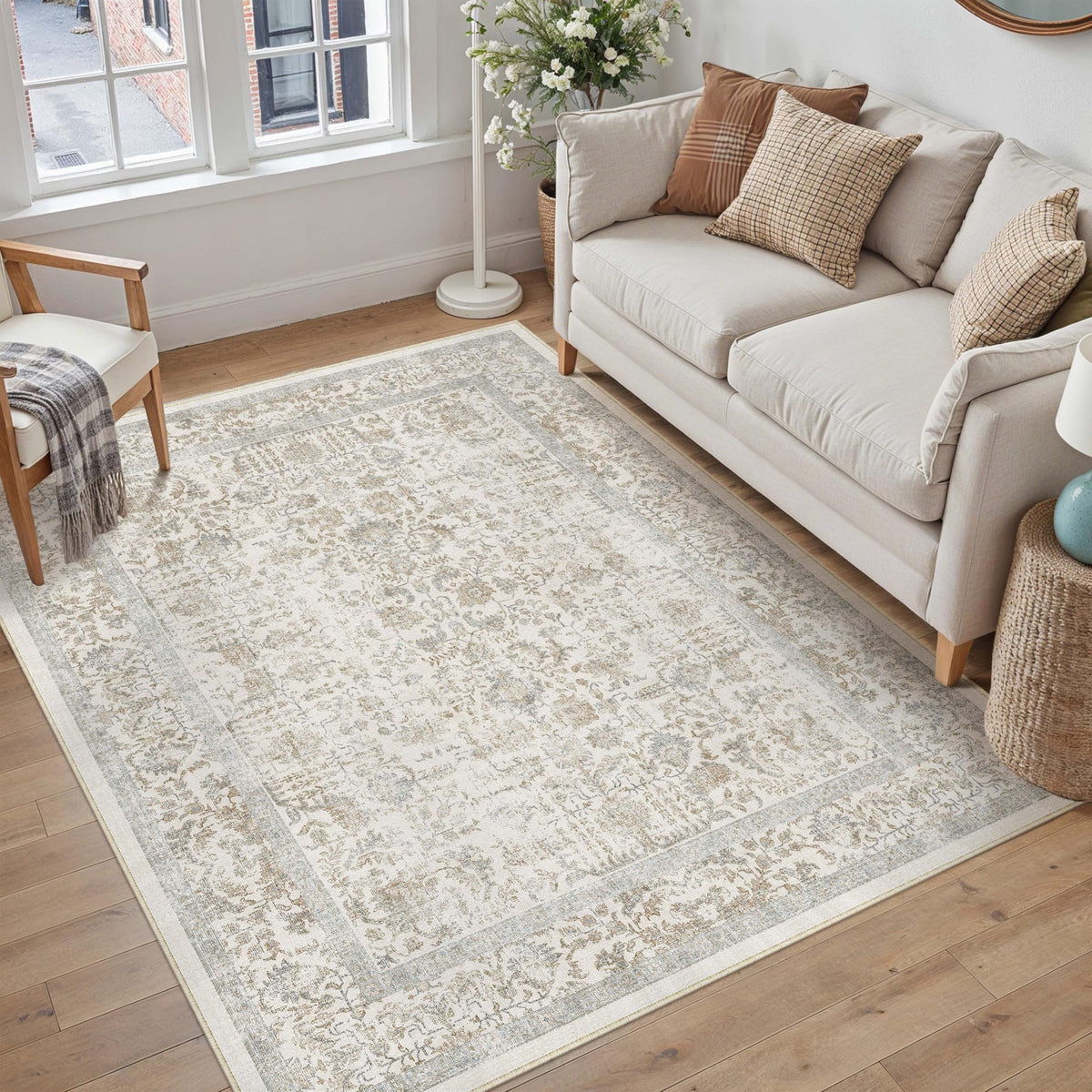 PureCozy Beige Area Rug 5x7 Vintage Farmhouse Floral