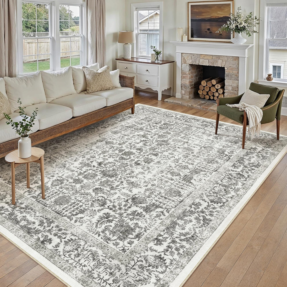 PureCozy Beige Area Rug 5x7 Vintage Farmhouse Floral