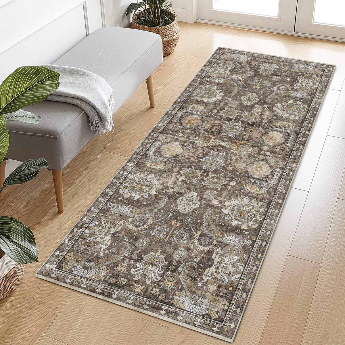 RUGSURE Washable Area Rug - 1/6 Thick - Stain & Water Resistant Non-Slip - Resistant Rug for Living Room, Bedroom, Nursery, Pet & Child Friendly, Vintage Charm Area Rugs (Grey+LightTeal, 3' x 5 ')