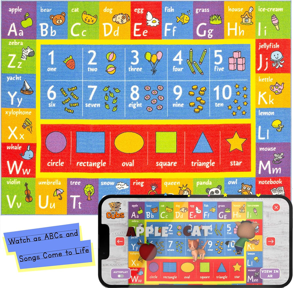 KC Cubs 5x7 ABC Alphabet, Numbers & Shapes Rug – Educational Non-Slip Play Mat Carpet for Kids, Toddlers, Nursery, Classroom, Playroom, Baby Daycare
