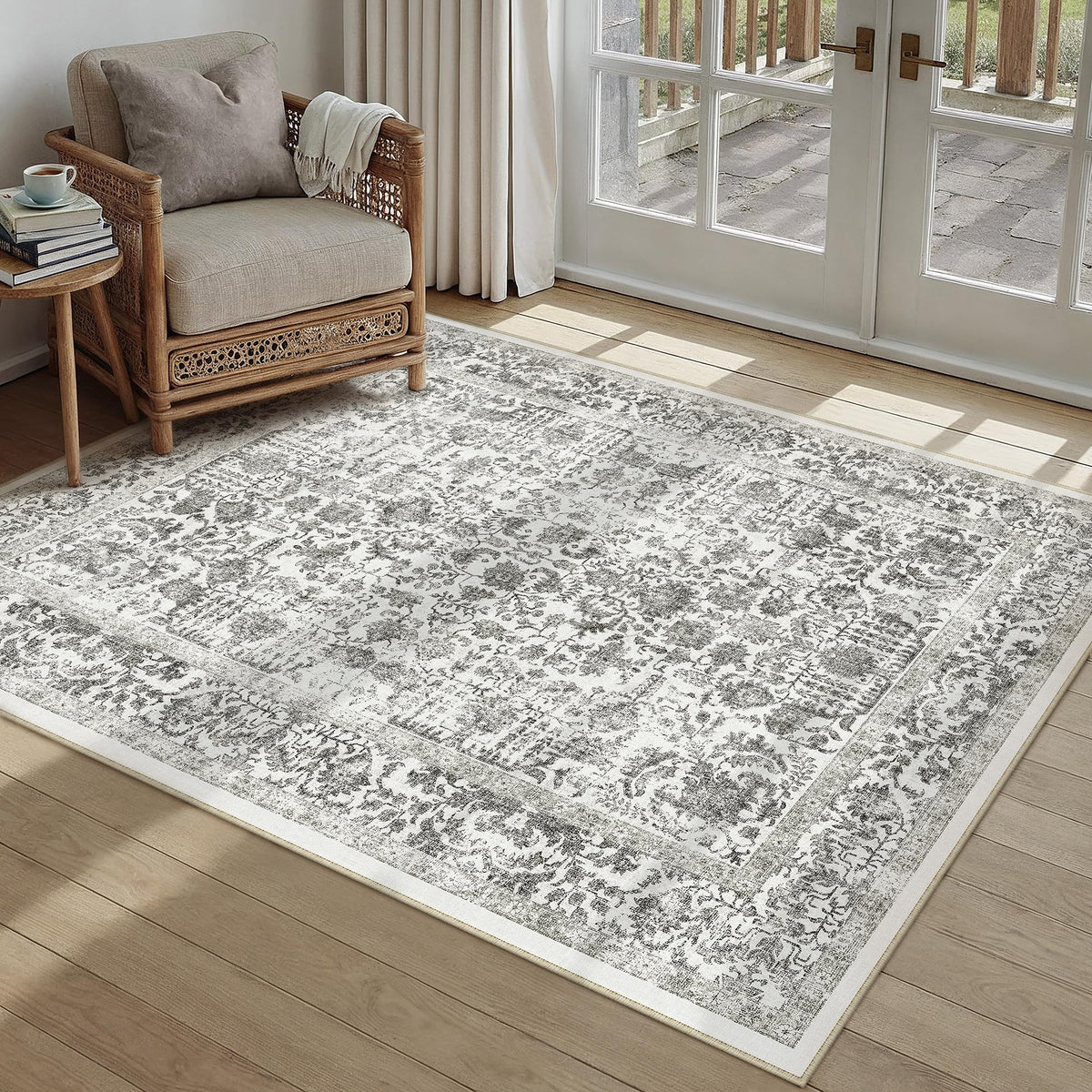PureCozy Beige Area Rug 5x7 Vintage Farmhouse Floral