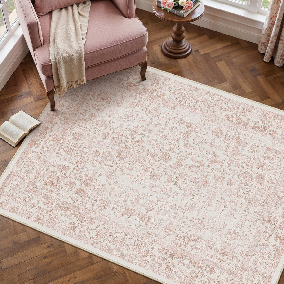 PureCozy Beige Area Rug 5x7 Vintage Farmhouse Floral