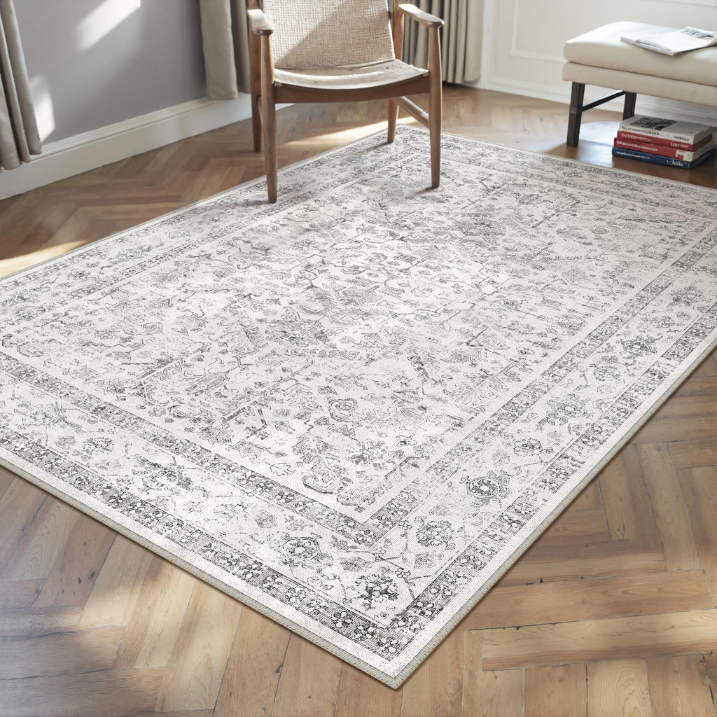 PureCozy Beige Area Rug 5x7 Vintage Farmhouse Floral