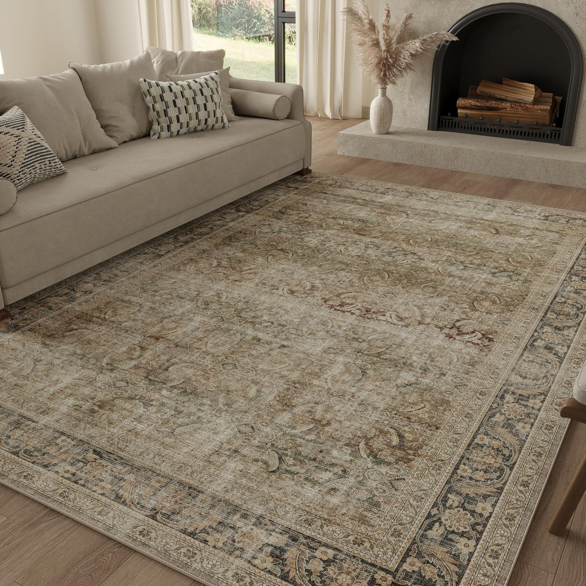 FMFUNCTEX 5x7 Washable Beige Neutral Vintage Retro Area Rug for Living Room