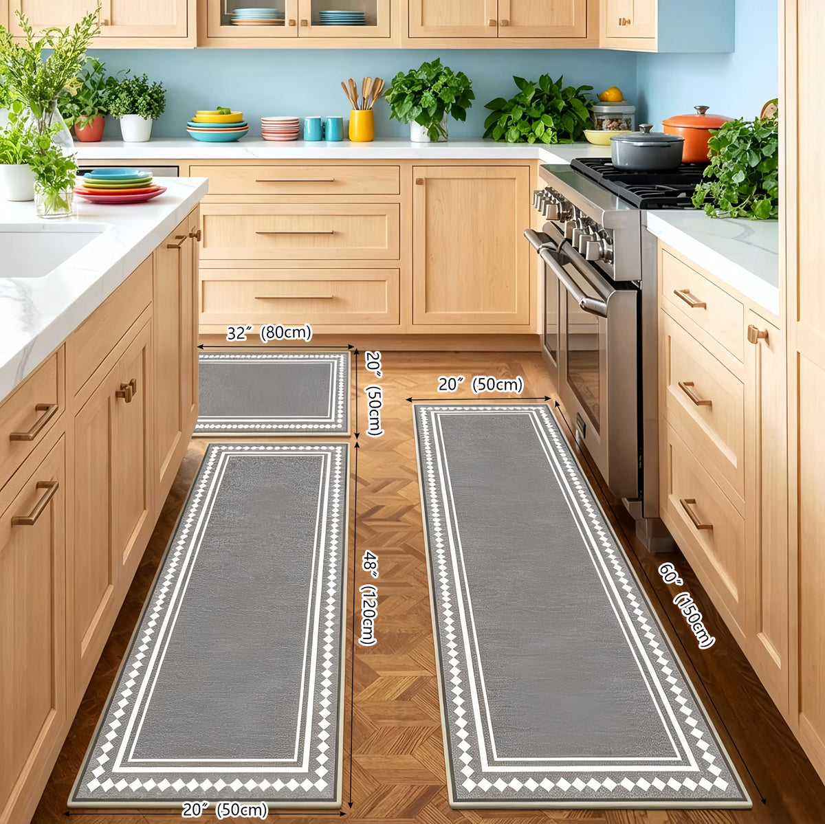 Azulia Home Polyester Fiber Boho Printed Rug Set of 3 (20"x24", 20"x30", 20"x48") - Anti-Slip Base, Washable Kitchen Rugs for Indoor Space Kitchen Areas, Farmhouse Aesthetic Decor