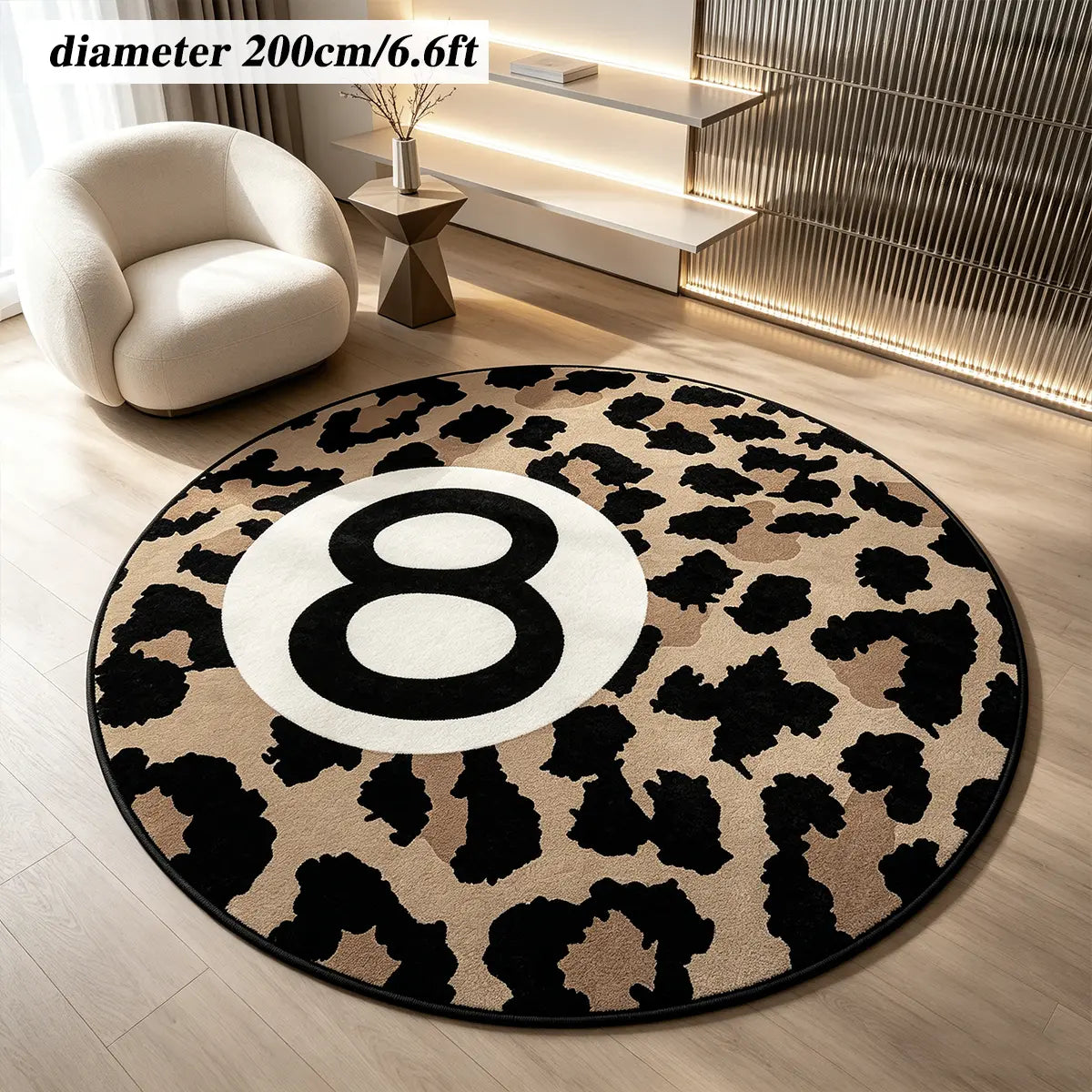 8 Ball Leopard Print Round Rug for Game Room, Man Cave, Dorm & Teen Bedroom, Soft Non-Slip Round Accent Rug, Anti Skid Rug, Perfect Retro Gift