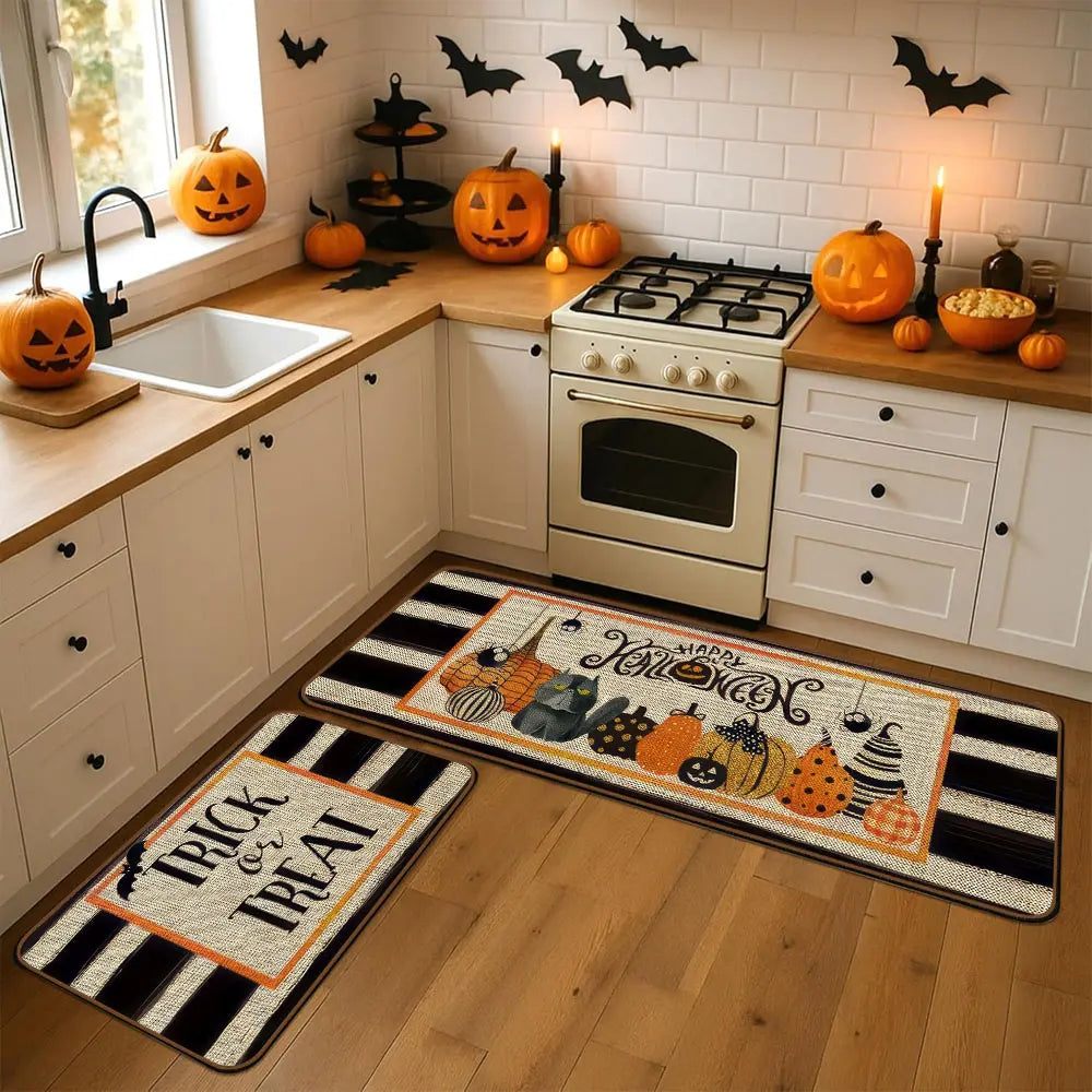Set of 2 Halloween Pumpkin Style Kitchen Rugs, Washable Non-Slip, Low Profile Floor Mats for Kitchen, Laundry Room, Hallway, Entrance Mat