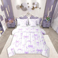 Feelyou 7-Pieces Princess Purple Ribbon Bow Bedding Set - Ribbon Bow Bed Bag with Sheets, Love Heart Bowknot Comforter, Purple Stripes Romantic Soft Furnishings for Girls, Bed Comforter Set