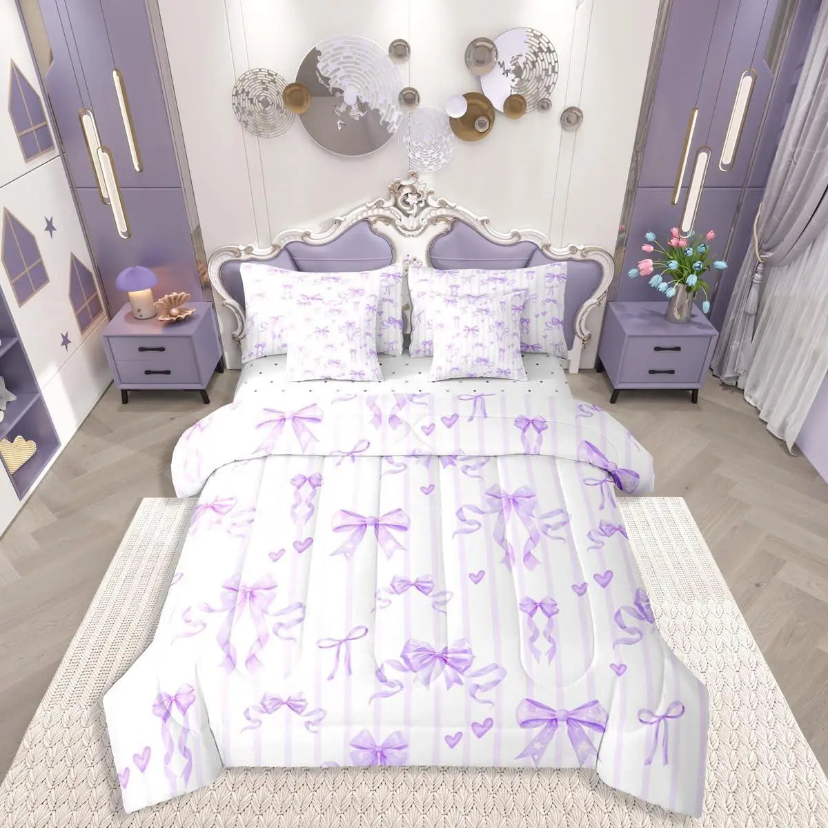 Feelyou 7-Pieces Princess Purple Ribbon Bow Bedding Set - Ribbon Bow Bed Bag with Sheets, Love Heart Bowknot Comforter, Purple Stripes Romantic Soft Furnishings for Girls, Bed Comforter Set