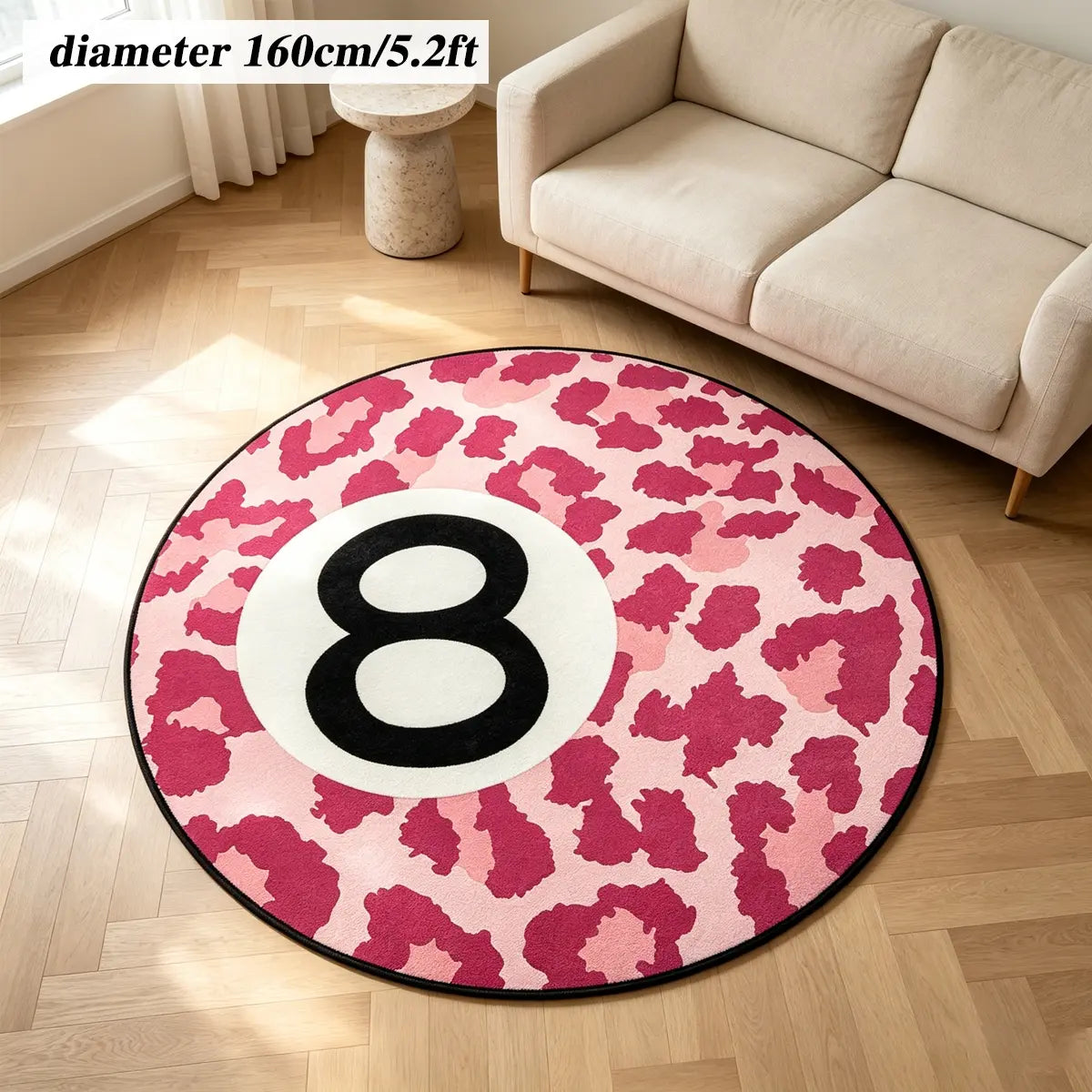 8 Ball Leopard Print Round Rug for Game Room, Man Cave, Dorm & Teen Bedroom, Soft Non-Slip Round Accent Rug, Anti Skid Rug, Perfect Retro Gift