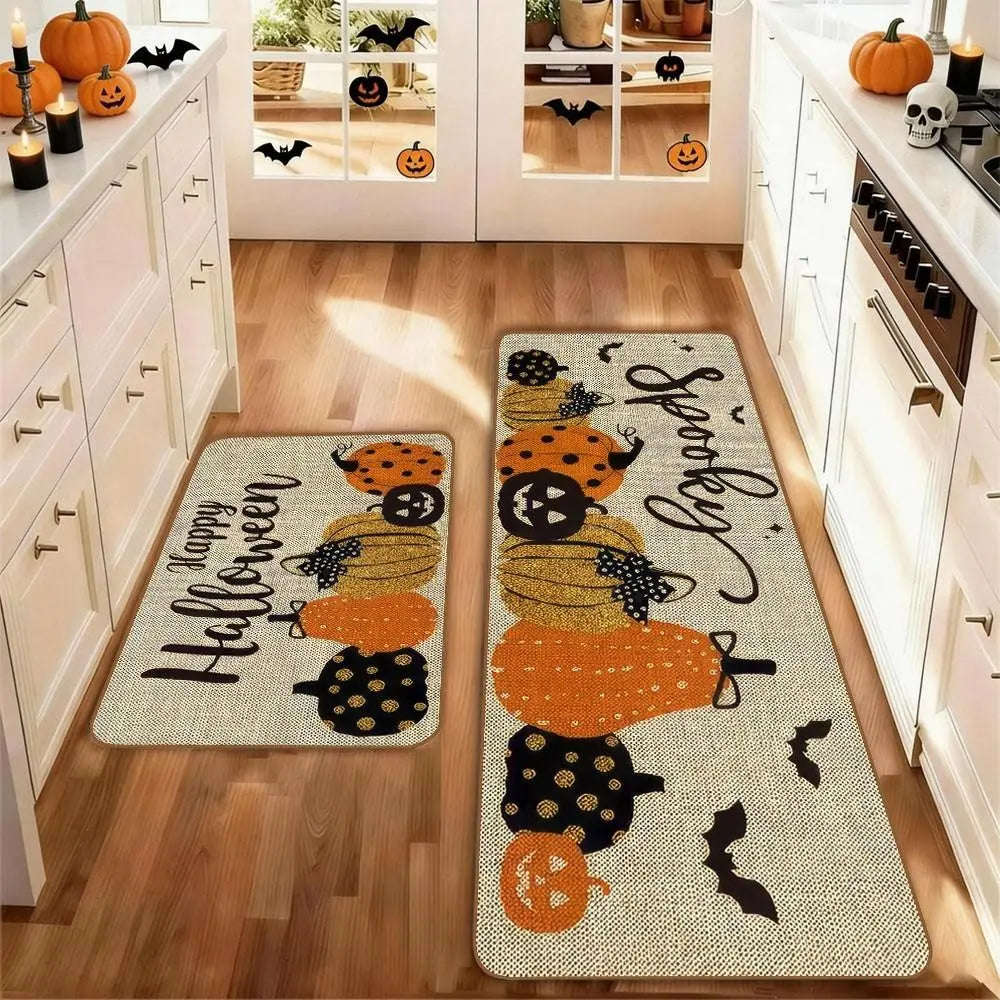 Set of 2 Halloween Pumpkin Style Kitchen Rugs, Washable Non-Slip, Low Profile Floor Mats for Kitchen, Laundry Room, Hallway, Entrance Mat