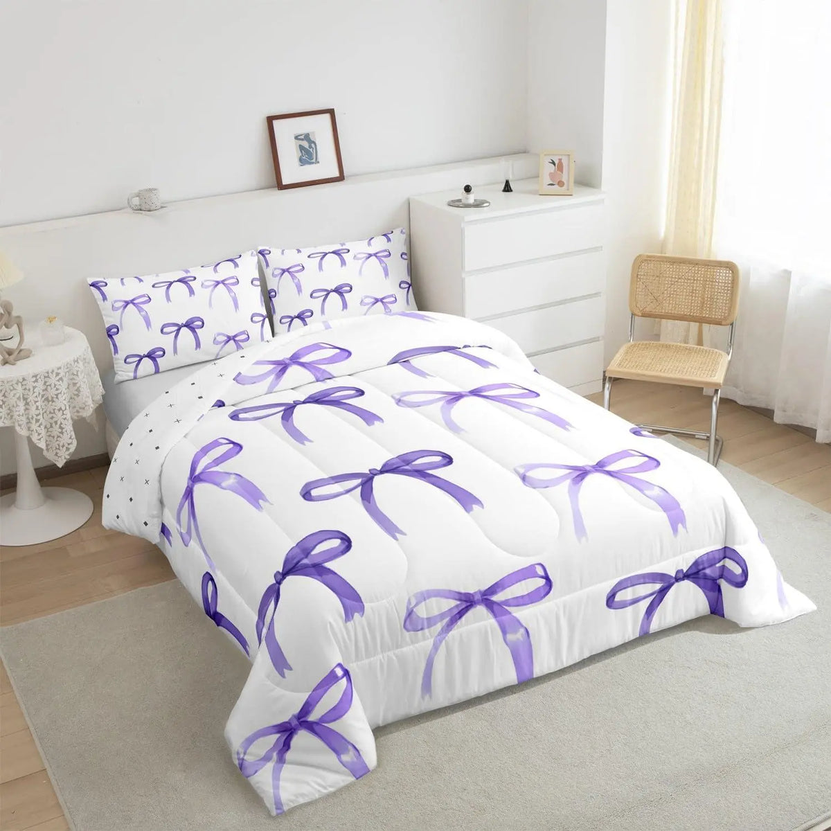 Feelyou Bow Pattern Duvet Cover Set - Ultra Soft Purple Bowknot Kids Bedding Set, Machine Washable Single Bedding, Travel-Friendly Kawaii Kids Rooms Decor
