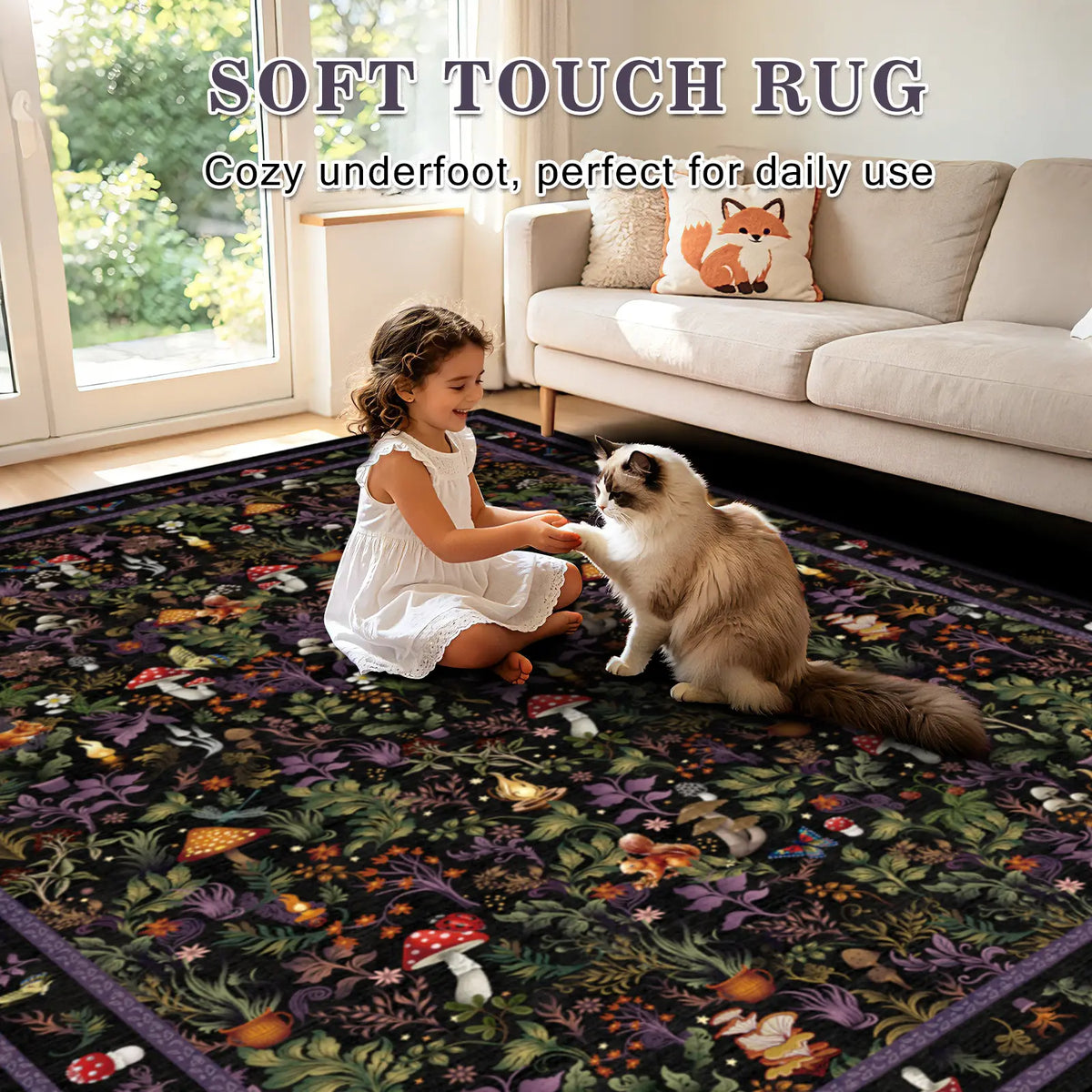 Geanup Vibrant Fox-Mushroom Magic Rug - Non-Slip, Soft, Thin Whimsical Animal Carpet with Vivid Color Hold, Room Decor & House Decor Accent for Living Room, Bedroom