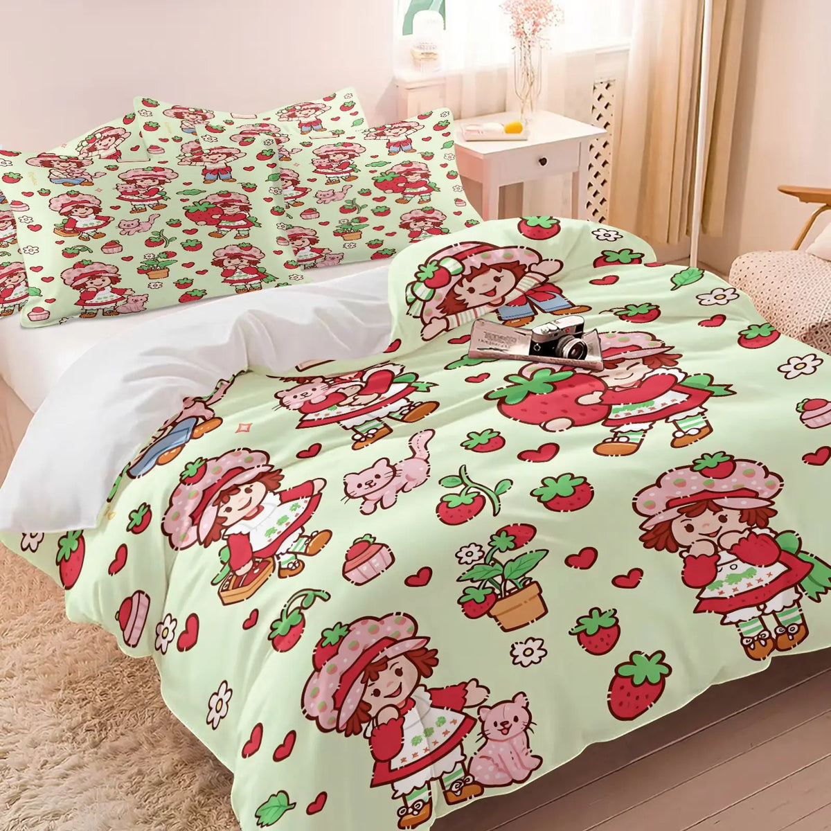 Light Green Strawberry Girl Cartoon Duvet Cover Set-1 Duvet & 1-2 Pillowcases-Strawberry Girl with Pink Kitten, Strawberry and Cupcake-Comfortable Breathable-Kids Bedroom Decor-Nostalgic Gift for Fans
