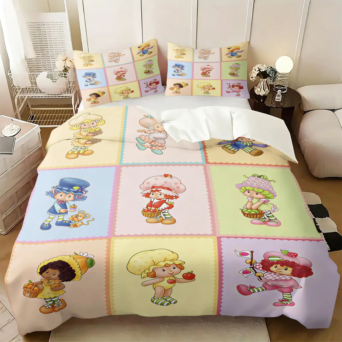 Light Green Strawberry Girl Cartoon Duvet Cover Set-1 Duvet & 1-2 Pillowcases-Strawberry Girl with Pink Kitten, Strawberry and Cupcake-Comfortable Breathable-Kids Bedroom Decor-Nostalgic Gift for Fans