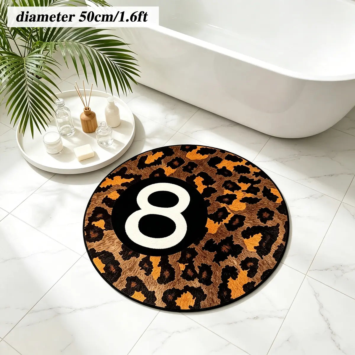 8 Ball Leopard Print Round Rug for Game Room, Man Cave, Dorm & Teen Bedroom, Soft Non-Slip Round Accent Rug, Anti Skid Rug, Perfect Retro Gift