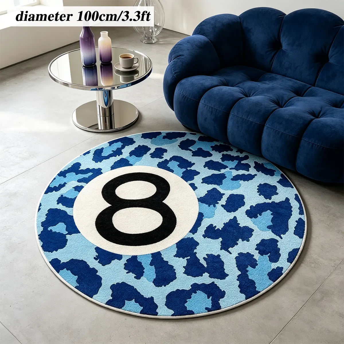 8 Ball Leopard Print Round Rug for Game Room, Man Cave, Dorm & Teen Bedroom, Soft Non-Slip Round Accent Rug, Anti Skid Rug, Perfect Retro Gift