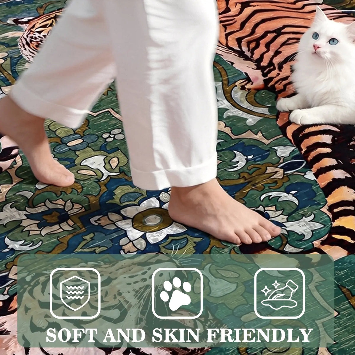 Geanup Tiger Area Rug - Green, Washable, Non-Slip, Soft Botanical Low-Pile Decorative Animal Floor Rug for Living Room House Decor, Area Rugs