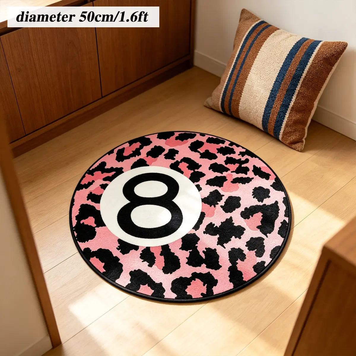 8 Ball Leopard Print Round Rug for Game Room, Man Cave, Dorm & Teen Bedroom, Soft Non-Slip Round Accent Rug, Anti Skid Rug, Perfect Retro Gift