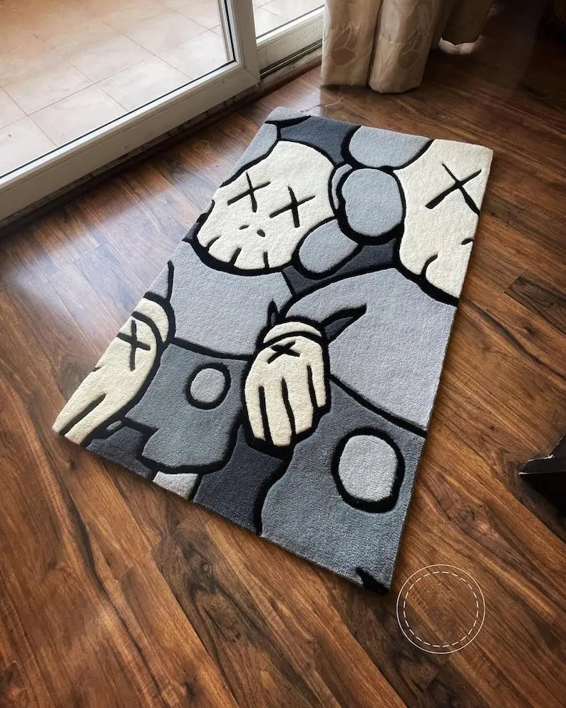 Hand tufted grey and white colour modern premium quality luxury kaws carpet wool rug for living room,bedroom,kids,dining,home decor,etc