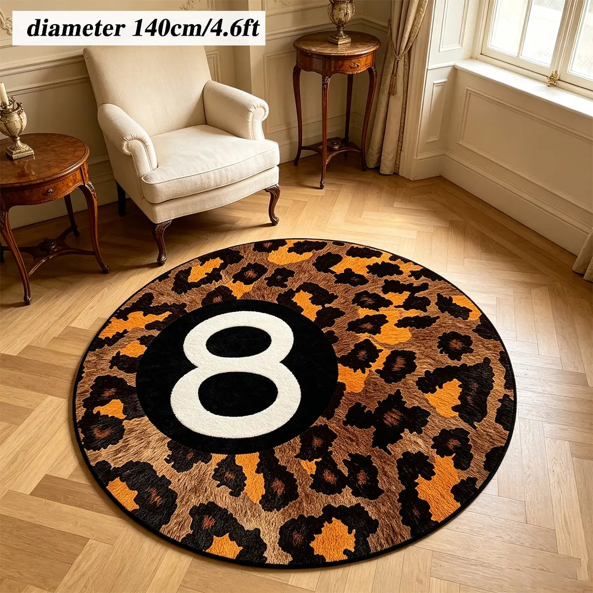 8 Ball Leopard Print Round Rug for Game Room, Man Cave, Dorm & Teen Bedroom, Soft Non-Slip Round Accent Rug, Anti Skid Rug, Perfect Retro Gift