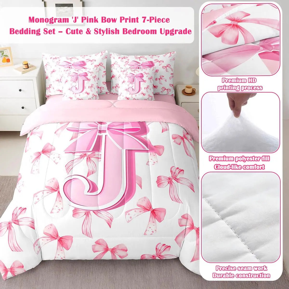 Feelyou Toddler Girl 7-Piece Monogrammed Initial J Bedding Set - Cute Bow Comforter, Sheets, Pillowcases Bed-in-a-Bag, Princess Room Soft Pink Aesthetic Cozy Pink Bedroom Setup, Toddler Girl Bedding Set, Cozy Bed Setup