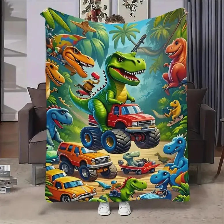 Cute Dinosaur Pattern Multifunctional Blanket for Kids, Soft Flannel Dino-Car Throw, Lightweight Travel Blanket for Travel Days, Machine Wash Easy Care, Toddler Jurassic T-Rex Bedding, Christmas Gift Option